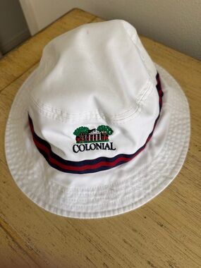 Colonial White Bucket Hat with Red & Navy Stripe